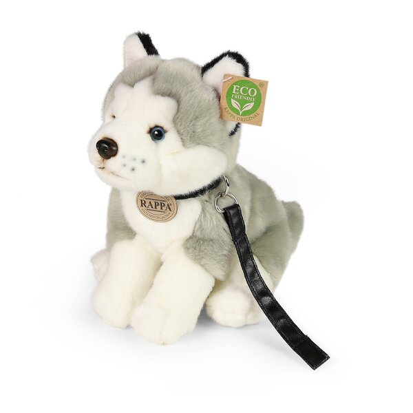 Rappa ECO knuffel Husky met riem 28 cm - realistische knuffel van recyclede PET flessen - grijs wit